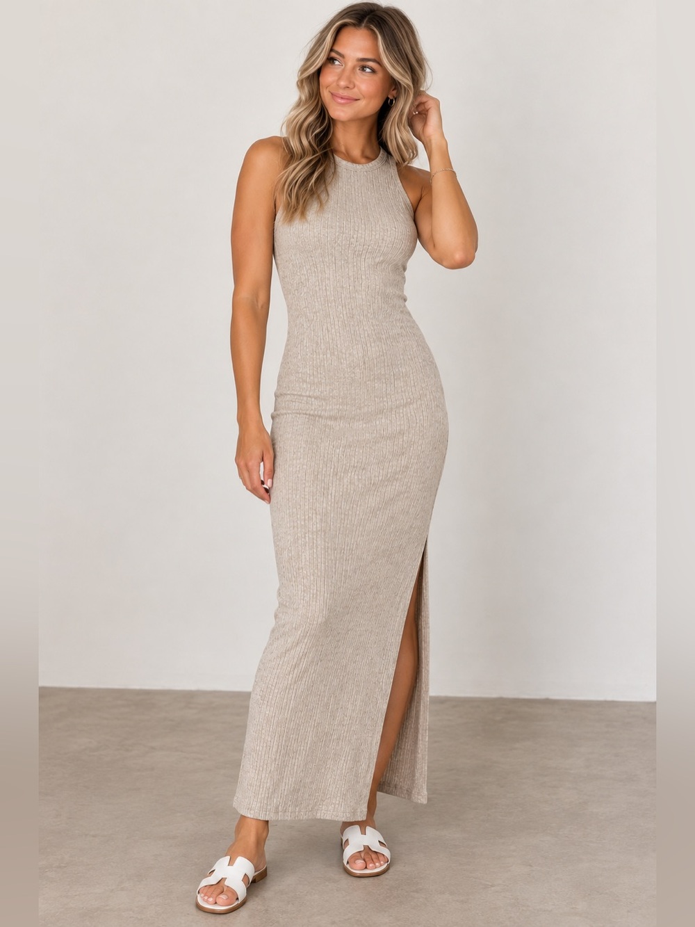 Pink Lily Oatmeal Ribbed Bodycon Maxi Tank Dress XS Side Slit